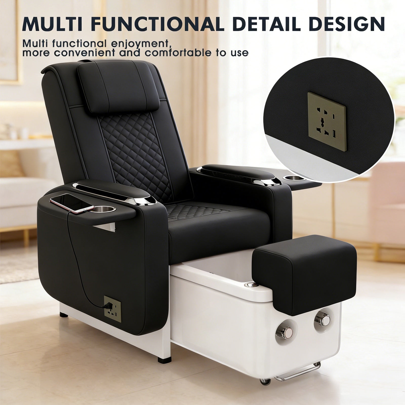#1084 Pedicure Spa Chair Spa Chair with Foot Spa Basin, Manicure & Massage Chair, Electric Recline, 4-Head Back Massage, Hot/Cold Water Controls, LED Light & Jet Tub, Fast Drain Pump, Pull-Out Bowl(Black)