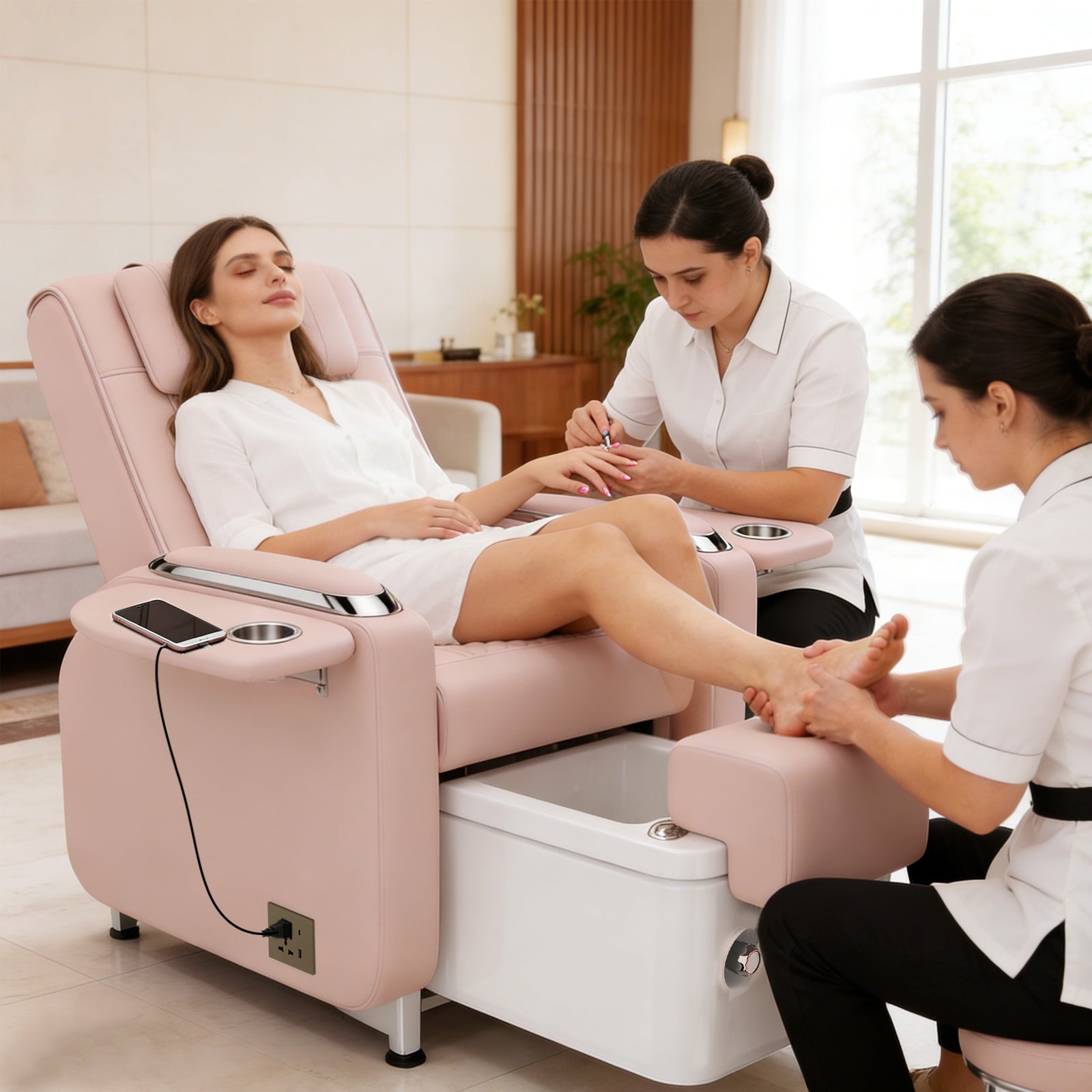 #1483 Pedicure Spa Chair Spa Chair with Foot Spa Basin, Manicure & Massage Chair, Electric Recline, 4-Head Back Massage, Hot/Cold Water Controls, LED Light & Jet Tub, Fast Drain Pump, Pull-Out Bowl (Pink)