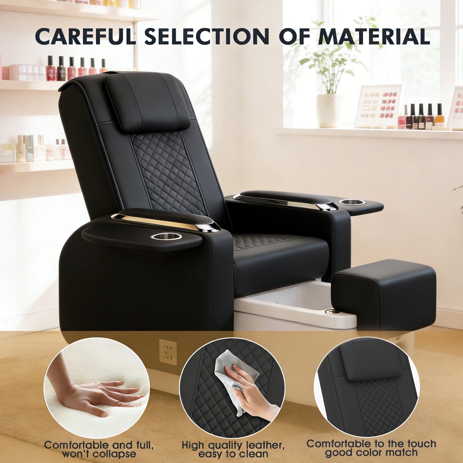 #1084 Pedicure Spa Chair Spa Chair with Foot Spa Basin, Manicure & Massage Chair, Electric Recline, 4-Head Back Massage, Hot/Cold Water Controls, LED Light & Jet Tub, Fast Drain Pump, Pull-Out Bowl(Black)