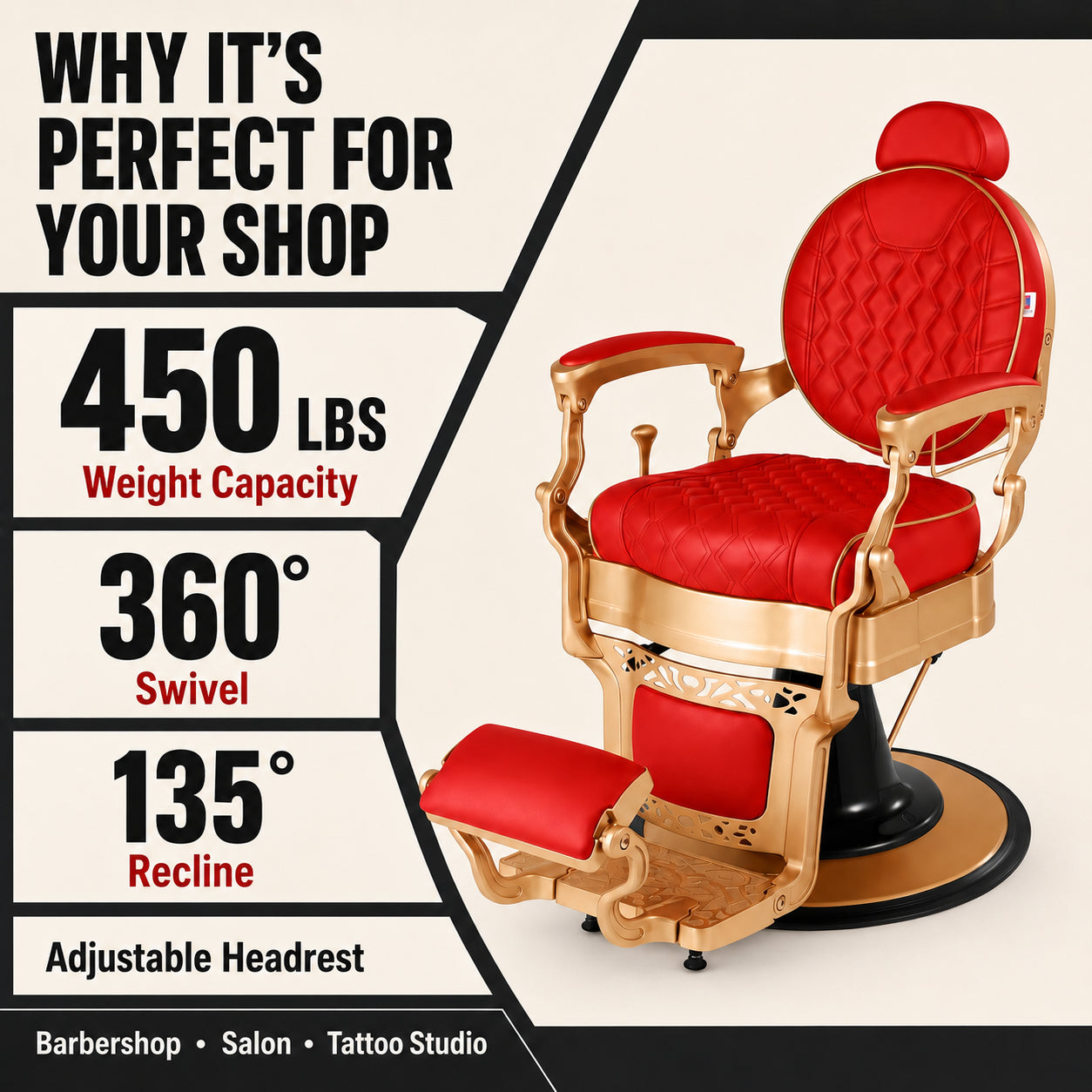 #5197 Vintage Hydraulic Barber Chair – 450 lb Capacity, 360° Swivel & 135° Recline Victory Red / Metallic Gold