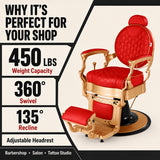 #5197 Vintage Hydraulic Barber Chair – 450 lb Capacity, 360° Swivel & 135° Recline Victory Red / Metallic Gold