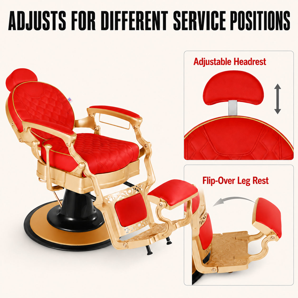 #5197 Vintage Hydraulic Barber Chair – 450 lb Capacity, 360° Swivel & 135° Recline Victory Red / Metallic Gold