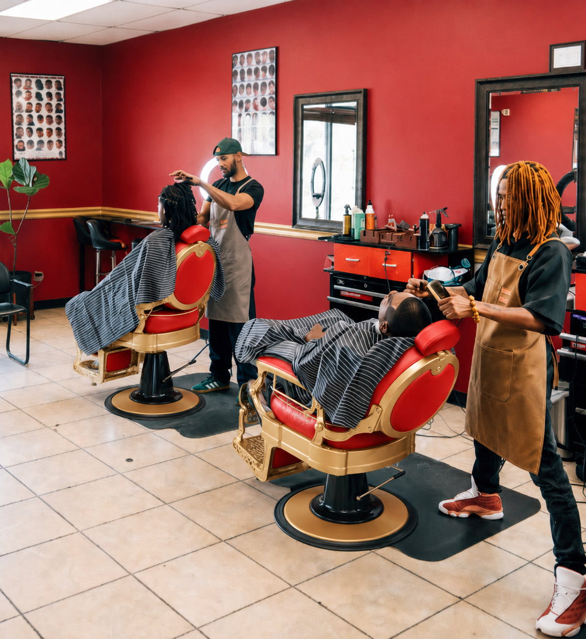 #5197 Vintage Hydraulic Barber Chair – 450 lb Capacity, 360° Swivel & 135° Recline Victory Red / Metallic Gold