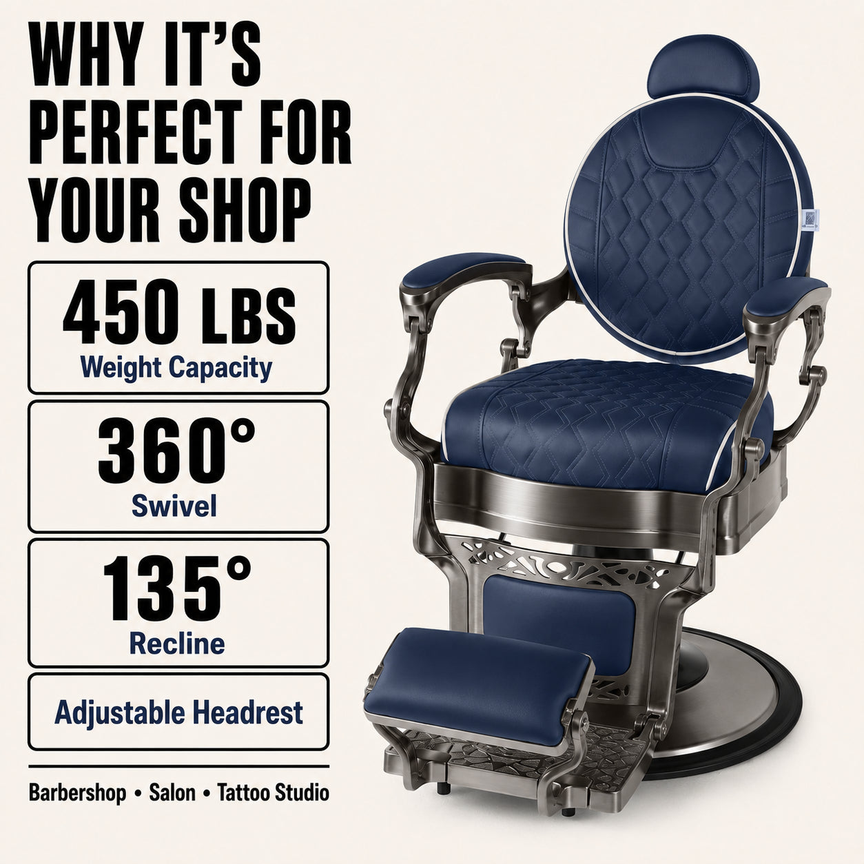 #5097 Vintage Hydraulic Barber Chair – 450 lb Capacity, 360° Swivel & 135° Recline Navy / Silver