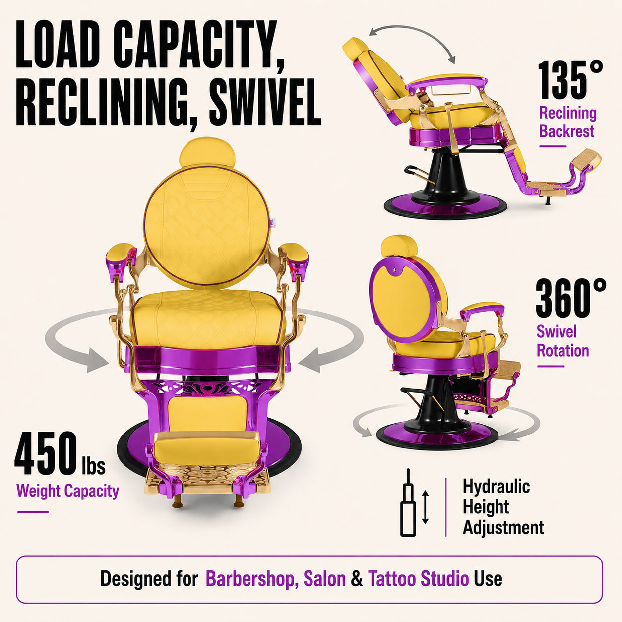 #5885 Vintage Hydraulic Barber Chair – 450 lb Capacity, 360° Swivel & 135° Recline Regal Purple / Golden Yellow
