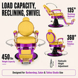 #5885 Vintage Hydraulic Barber Chair – 450 lb Capacity, 360° Swivel & 135° Recline Regal Purple / Golden Yellow