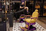 #5885 Vintage Hydraulic Barber Chair – 450 lb Capacity, 360° Swivel & 135° Recline Regal Purple / Golden Yellow