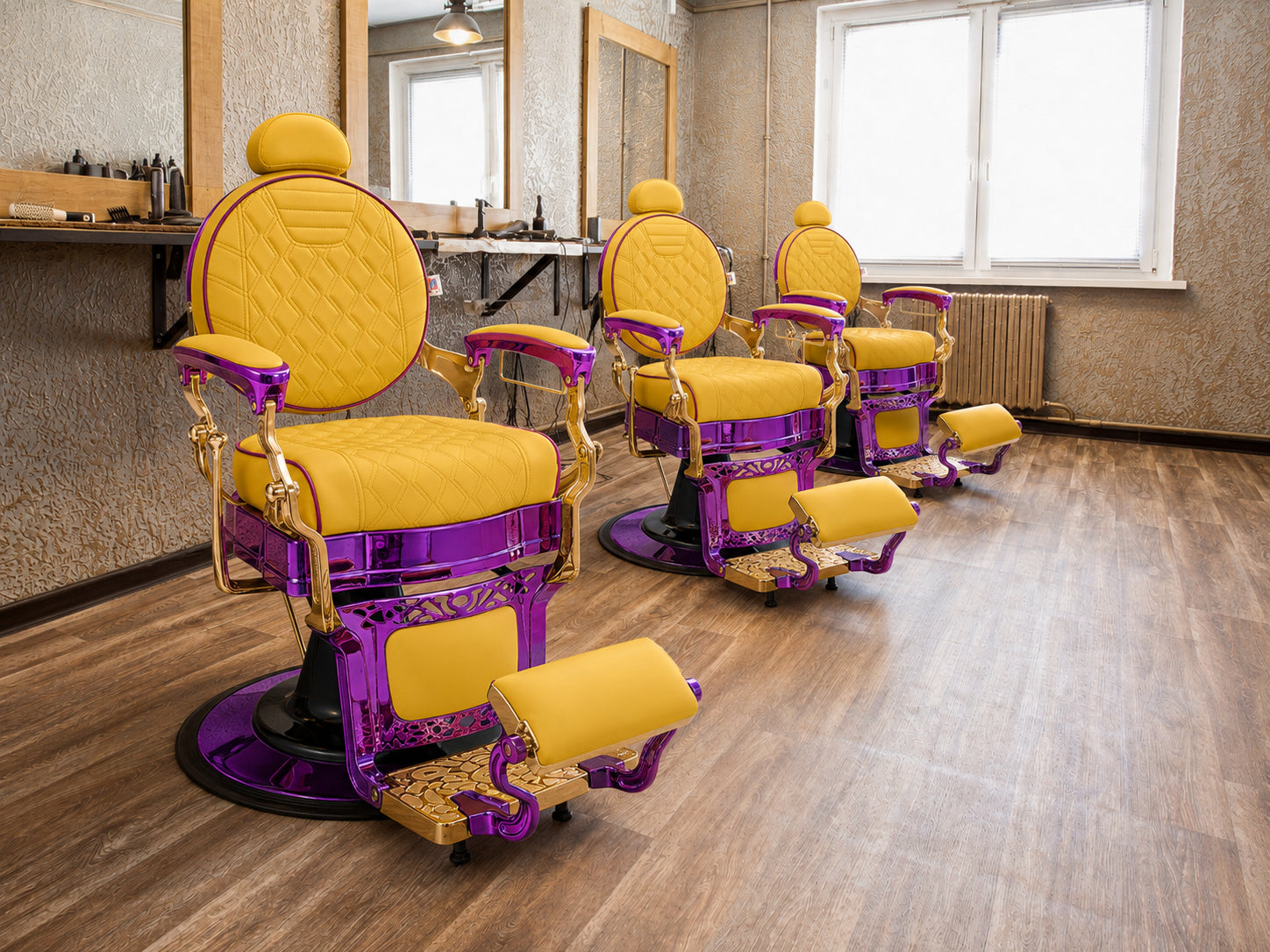 #5885 Vintage Hydraulic Barber Chair – 450 lb Capacity, 360° Swivel & 135° Recline Regal Purple / Golden Yellow