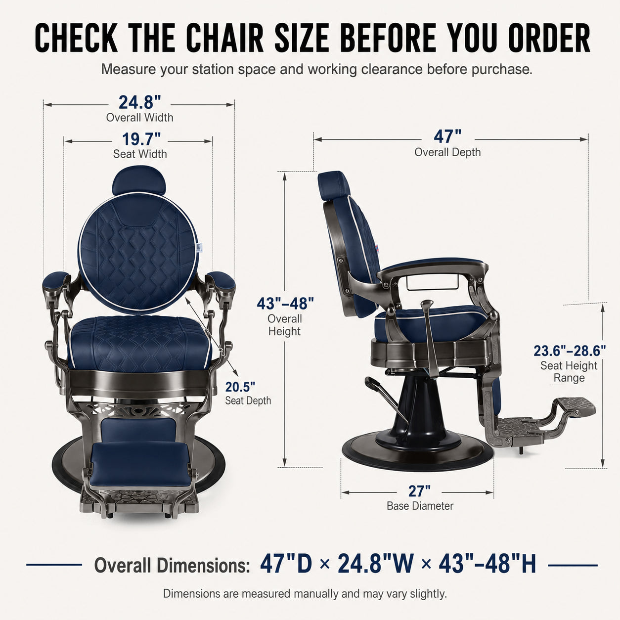 #5097 Vintage Hydraulic Barber Chair – 450 lb Capacity, 360° Swivel & 135° Recline Navy / Silver
