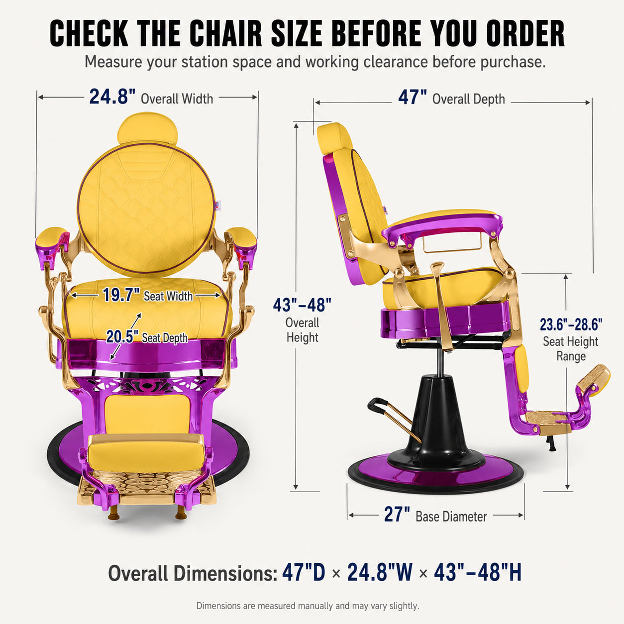 #5885 Vintage Hydraulic Barber Chair – 450 lb Capacity, 360° Swivel & 135° Recline Regal Purple / Golden Yellow