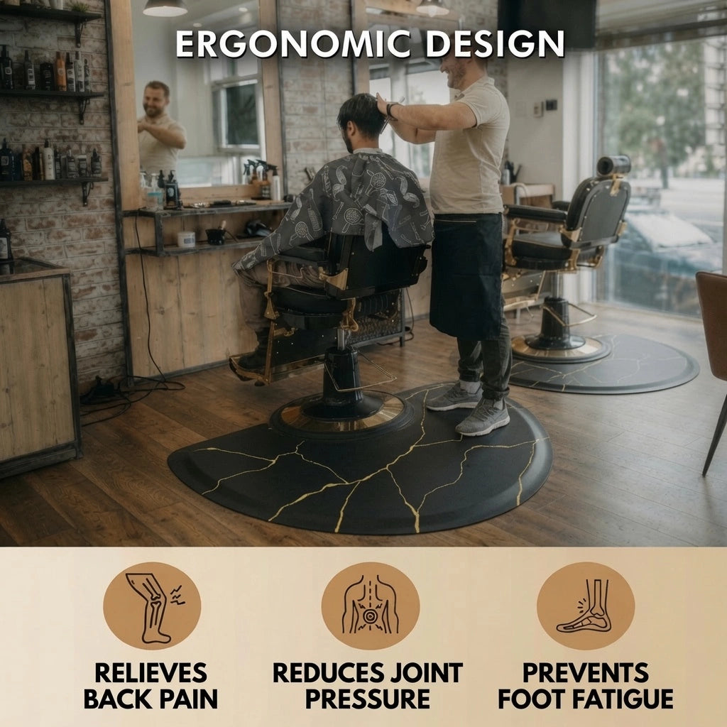 #10028 Barber Chair Mat with Black Gold Marble Pattern, Semi-Circle, 3' x 5' x 1/2"