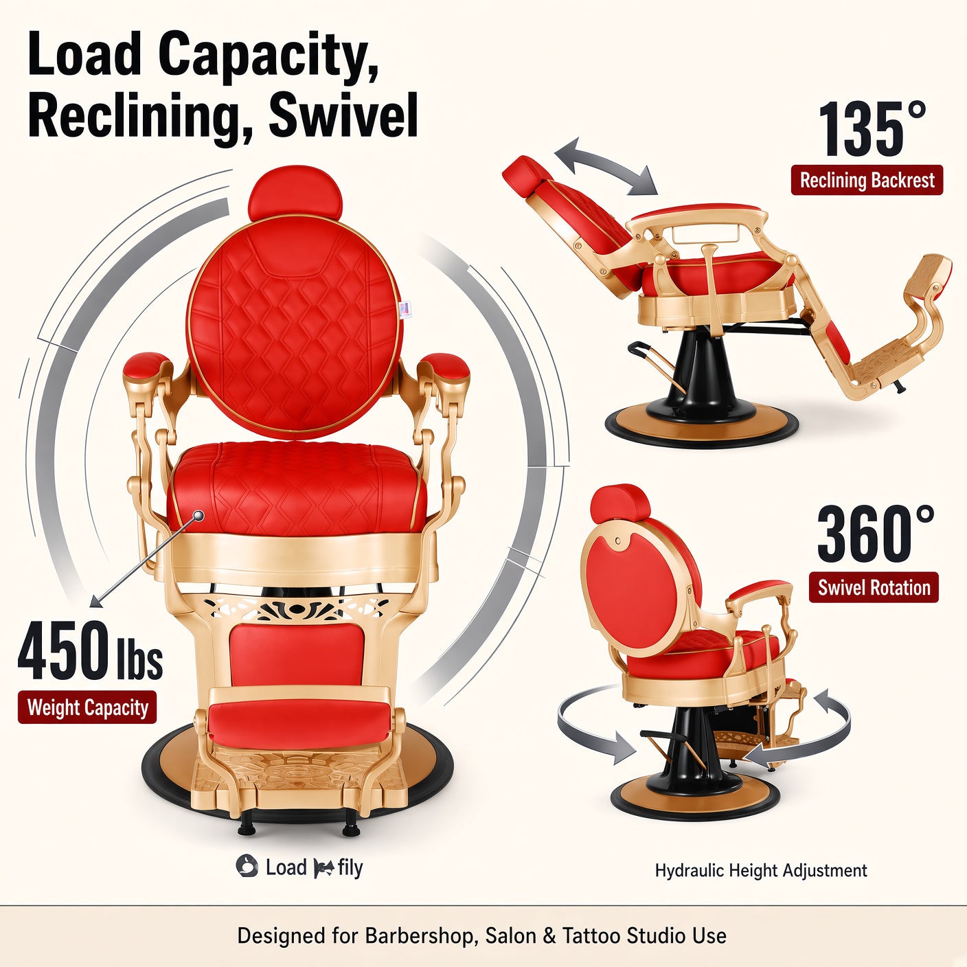 #5197 Vintage Hydraulic Barber Chair – 450 lb Capacity, 360° Swivel & 135° Recline Victory Red / Metallic Gold