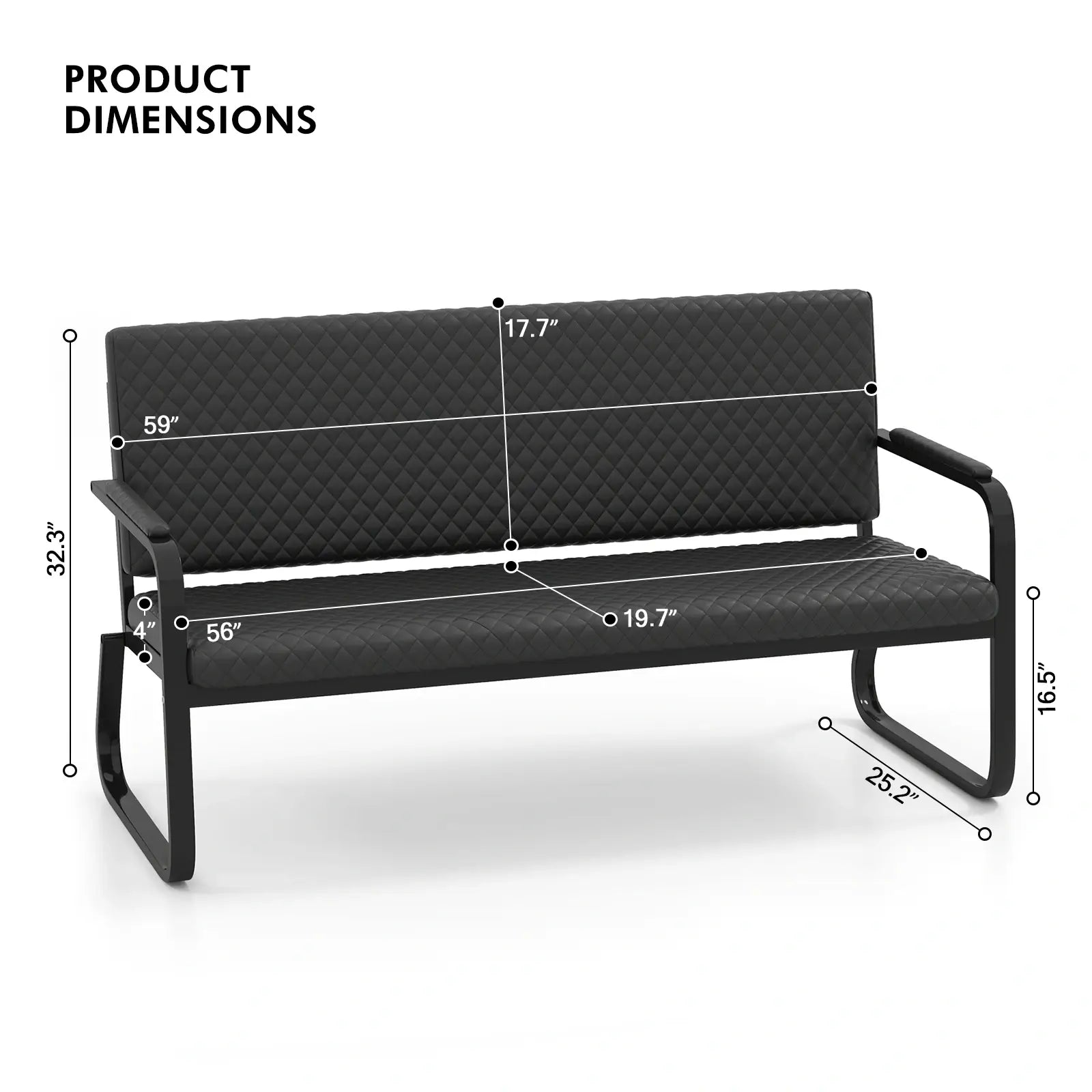 #1020 Waiting Chair, 56’’ Office Guest Chair, Reception Seating with Padded Cushion, Durable Metal Frame, for Beauty Salon Barber Shop