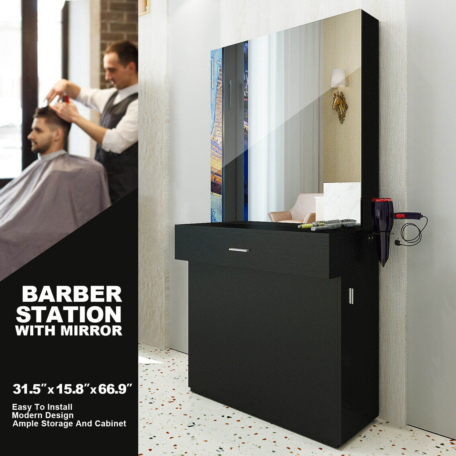 #11008 Wall Mount Salon Station Barber Stations Styling Station with Mirror