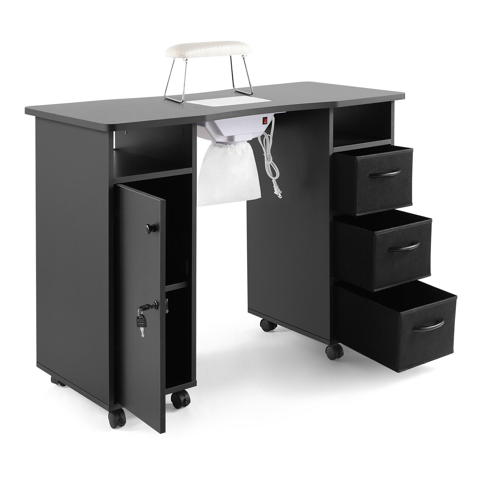 #7011 Manicure Table, Nail Tech Table Station with Electric Downdraft Vent, Wrist Cushion, Lockable Wheels, Storage Drawers, Wooden Handle