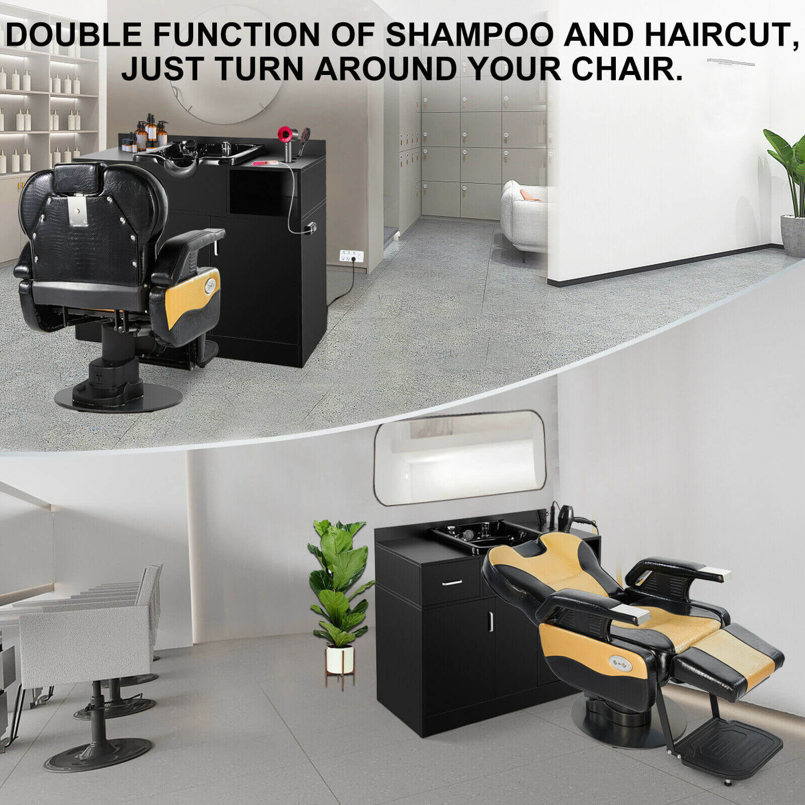 #10093 Shampoo Station with Shampoo Bowl and Drawer, All in One Backwash Sink with USB, 110V Outlets, Hair Dryer Holes and P Trap