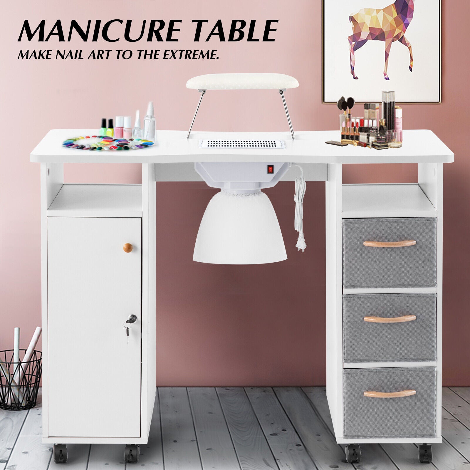 #7011 Manicure Table, Nail Tech Table Station with Electric Downdraft Vent, Wrist Cushion, Lockable Wheels, Storage Drawers, Wooden Handle