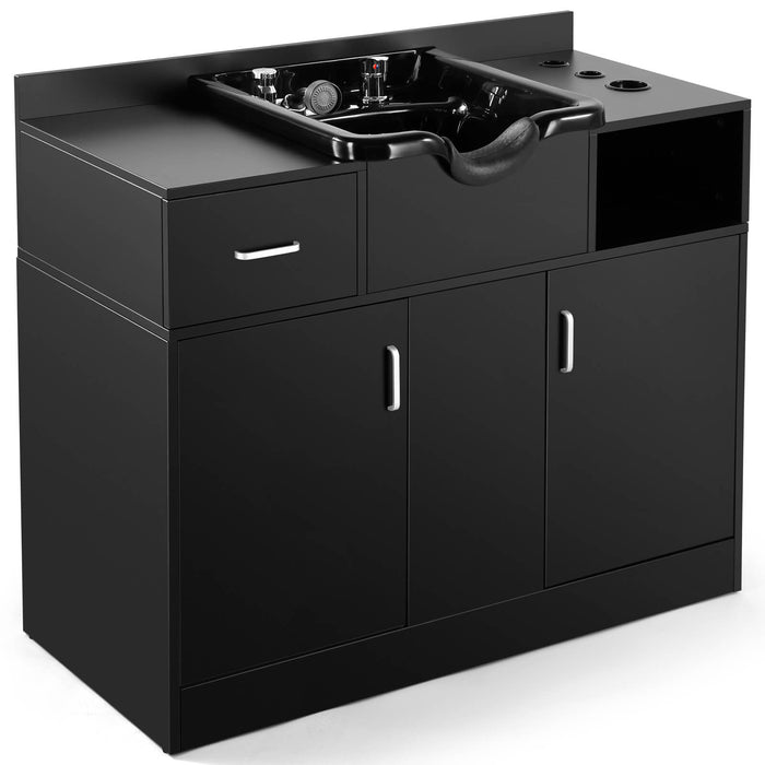 #10093 Shampoo Station with Shampoo Bowl and Drawer, All in One Backwash Sink with USB, 110V Outlets, Hair Dryer Holes and P Trap