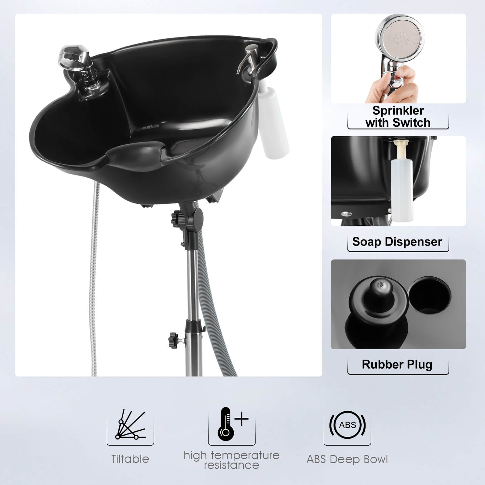 #1014 Shampoo Bowl Portable Salon Sink with Adjustable Height and Drain; Sprinkler with Switch Hair Washing Basin Barber Deep Bowl